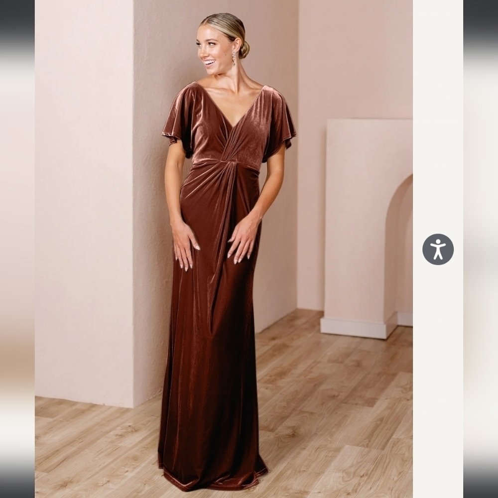 Revelry Gwen Pink Rose Blush Velvet Deep V Maxi Bridesmaid Wedding Dress, sz 12 - Picture 1 of 16